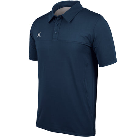 The Gilbert Pro Tech Polo by Gilbert is a navy short-sleeve shirt with a button-up collar and small white logo on the left chest. Designed for moisture management, this athletic essential is shown on a plain white background.