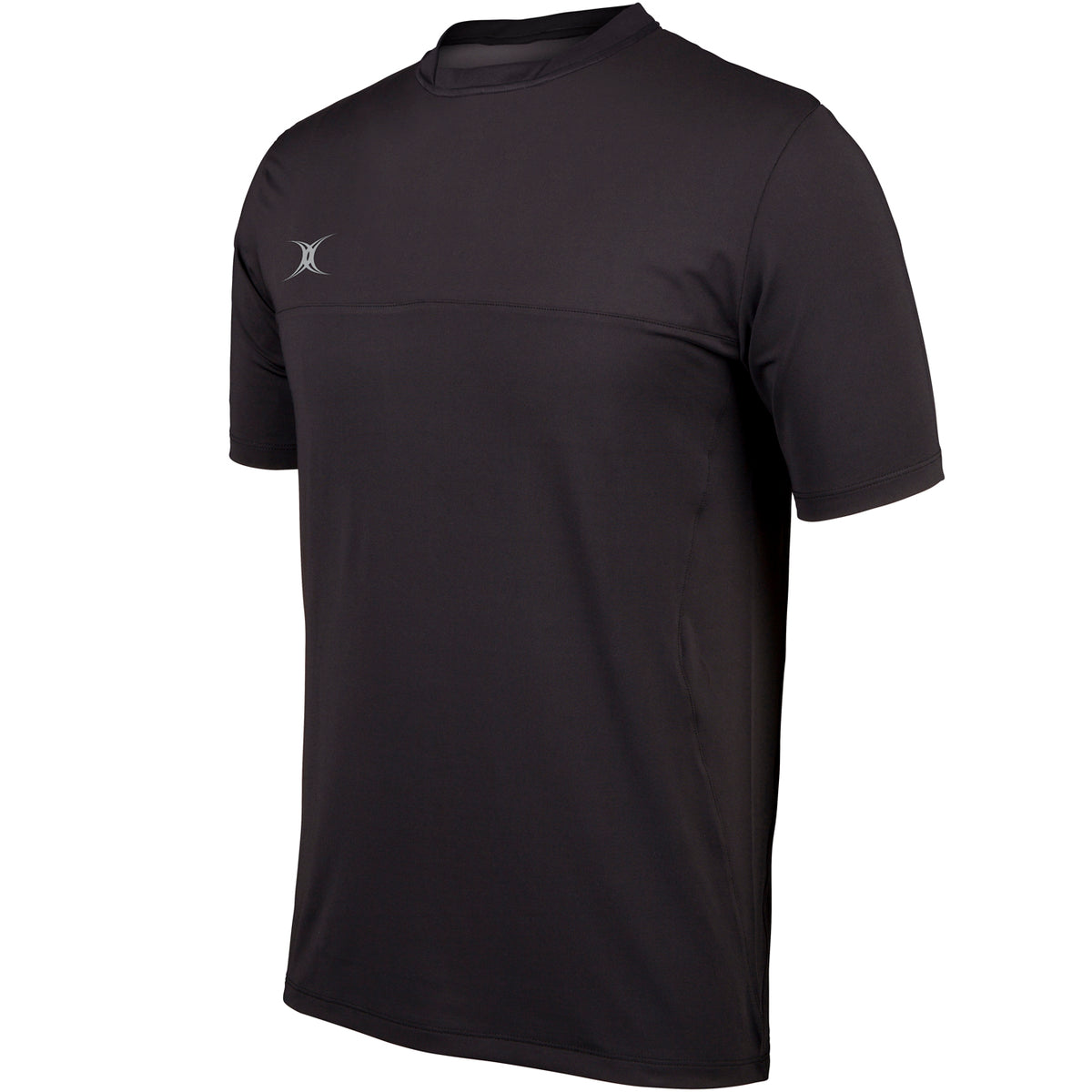 The Gilbert Pro Tech Tee by Gilbert is a premium black short-sleeve athletic shirt with a small white logo on the left chest, shown on a white background.