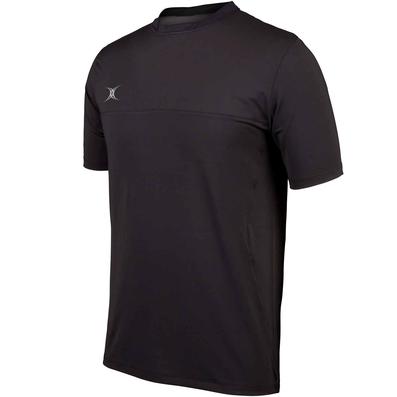 The Gilbert Pro Tech Tee by Gilbert is a premium black short-sleeve athletic shirt with a small white logo on the left chest, shown on a white background.
