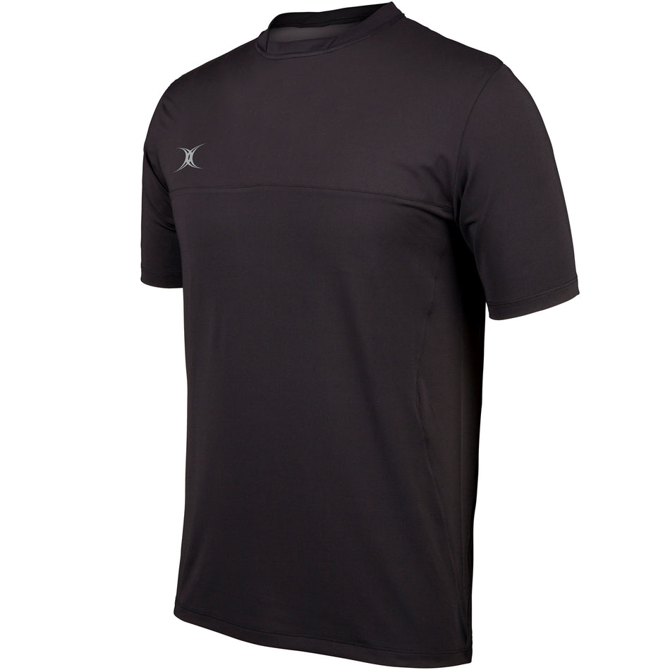 The Gilbert Pro Tech Tee by Gilbert is a premium black short-sleeve athletic shirt with a small white logo on the left chest, shown on a white background.