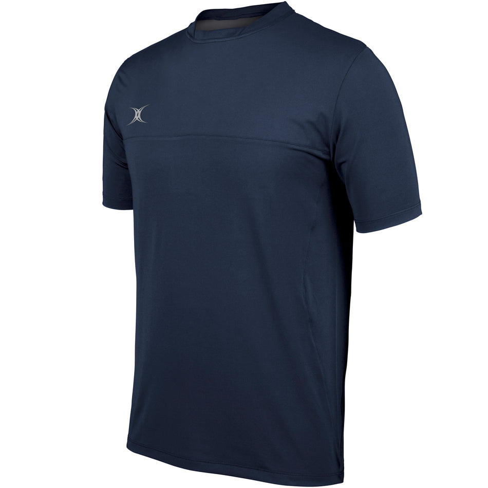 The Gilbert Pro Tech Tee by Gilbert is a black, short-sleeve athletic shirt with a small white logo on the left chest, featuring a crew neck and modern design, shown against a white background.