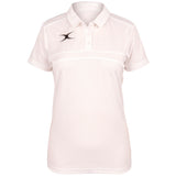 The Gilbert Womens Photon Polo is a white, short-sleeve collared shirt with three buttons and subtle black Gilbert logos on the chest and waist—perfect for high-performance training or women’s rugby apparel collections.