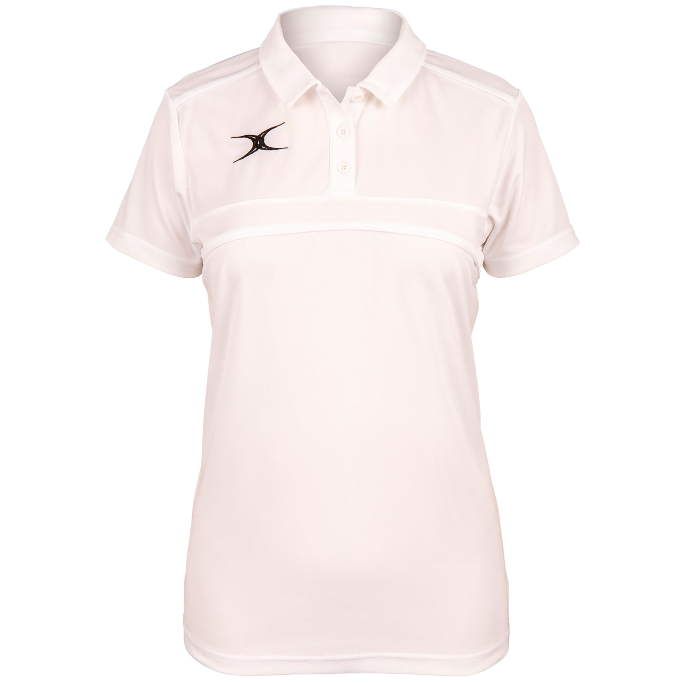 The Gilbert Womens Photon Polo is a white, short-sleeve collared shirt with three buttons and subtle black Gilbert logos on the chest and waist—perfect for high-performance training or women’s rugby apparel collections.