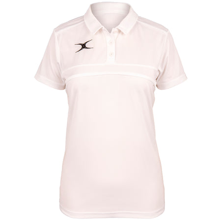 The Gilbert Womens Photon Polo is a white, short-sleeve collared shirt with three buttons and subtle black Gilbert logos on the chest and waist—perfect for high-performance training or women’s rugby apparel collections.