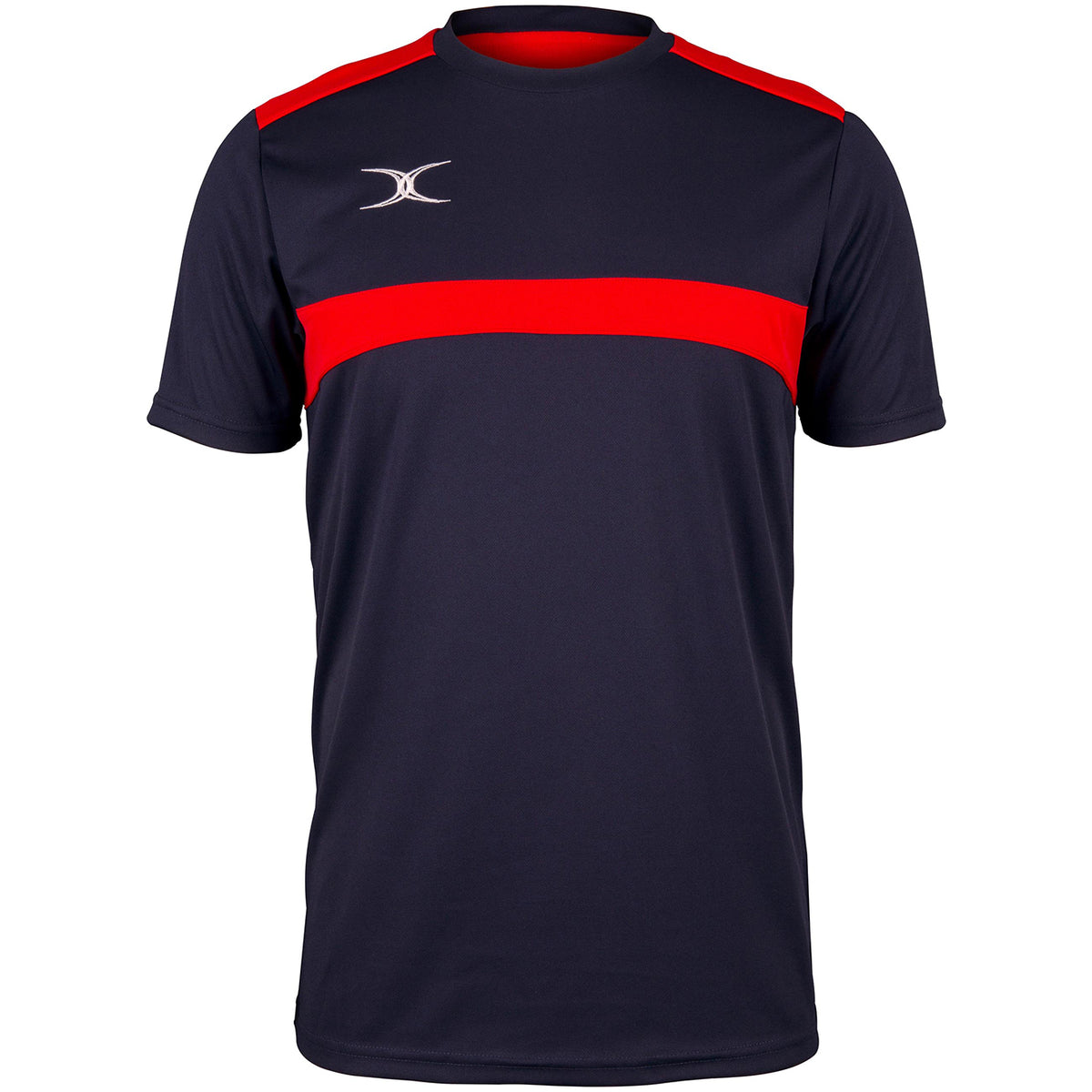 The Gilbert Photon Tee by Gilbert is a dark navy and red short-sleeved gym training shirt featuring a bold red horizontal chest stripe, moisture control fabric, and a small silver logo on the upper left.