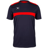 The Gilbert Photon Tee by Gilbert is a dark navy and red short-sleeved gym training shirt featuring a bold red horizontal chest stripe, moisture control fabric, and a small silver logo on the upper left.