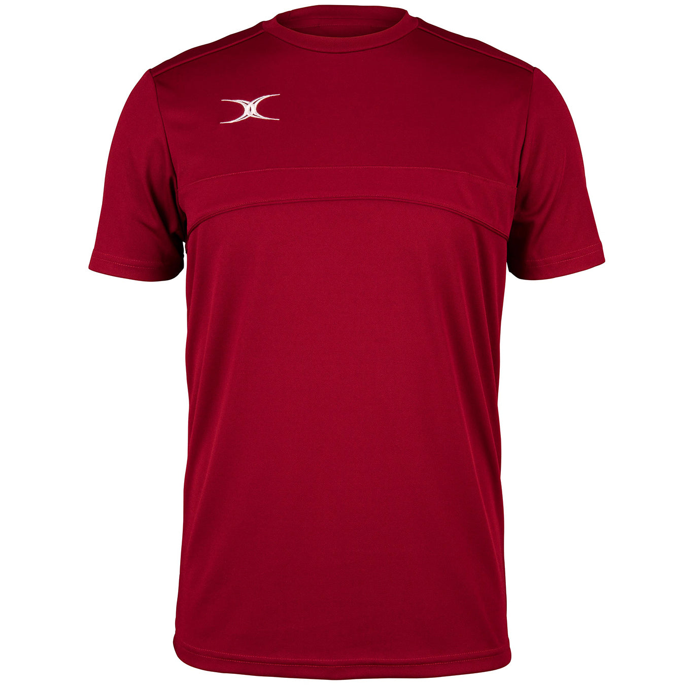The Gilbert Photon Tee by Gilbert is a maroon short-sleeve athletic shirt featuring a small white logo on the left chest, designed for versatile training with no other visible patterns or designs.
