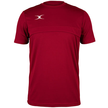 The Gilbert Photon Tee by Gilbert is a maroon short-sleeve athletic shirt featuring a small white logo on the left chest, designed for versatile training with no other visible patterns or designs.