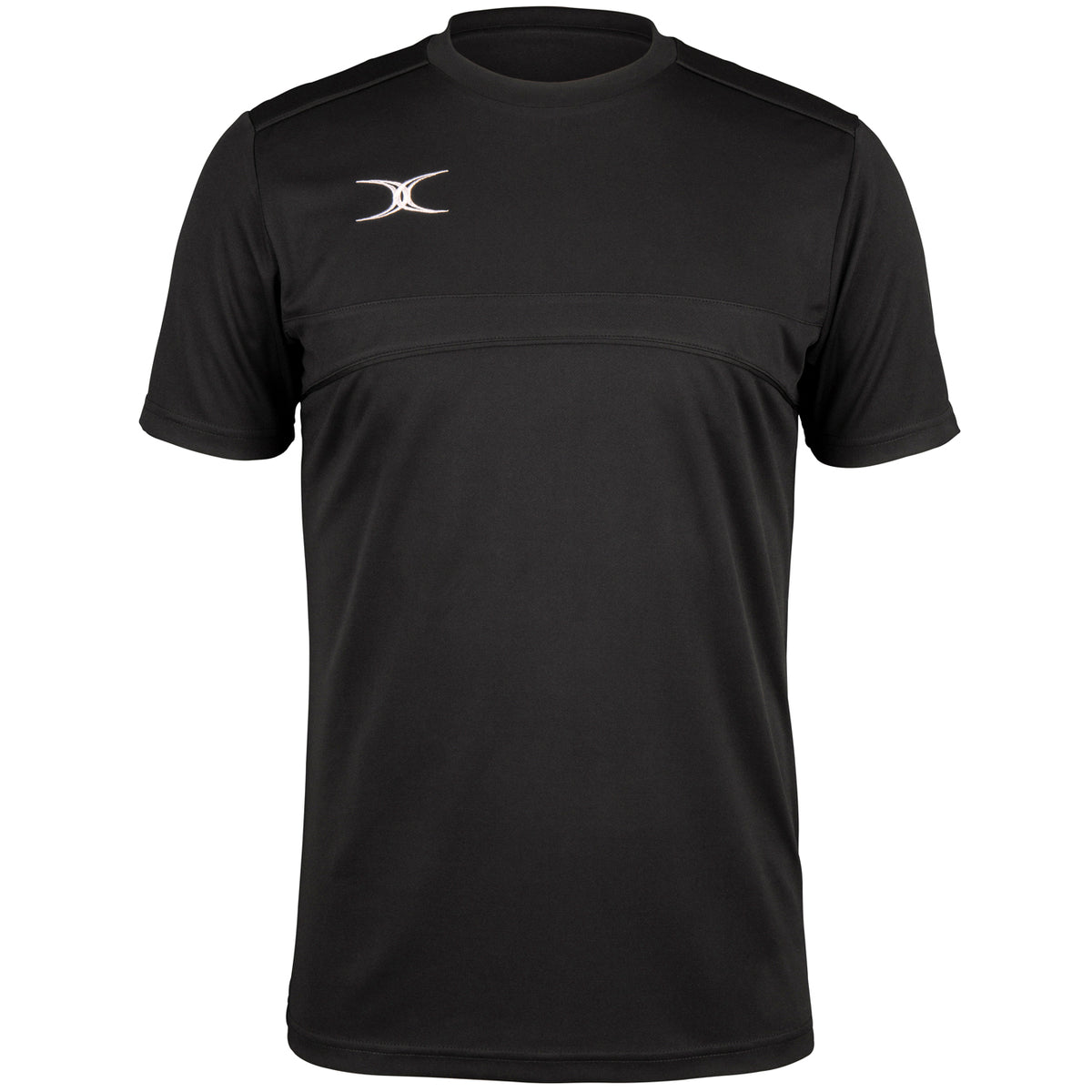 The Gilbert Photon Tee by Gilbert is a black short-sleeve athletic t-shirt with a small white curved logo on the left chest, crew neckline, moisture control fabric, and subtle seam details across the chest and shoulders.