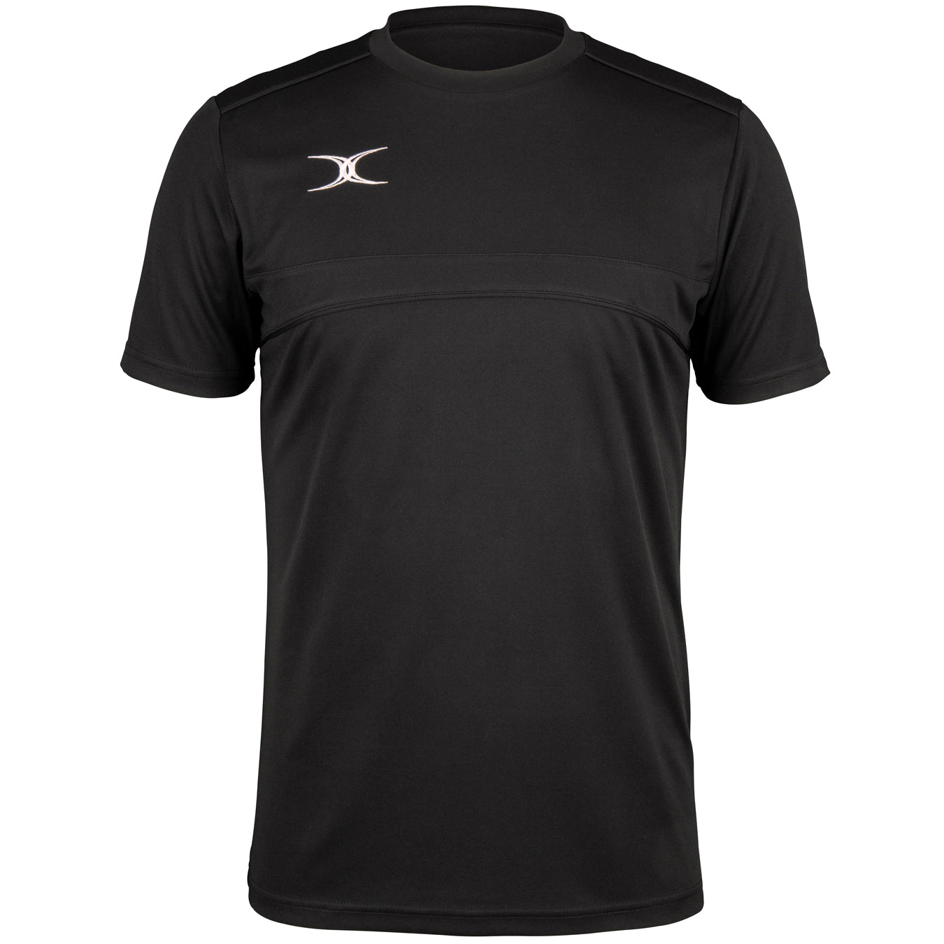 The Gilbert Photon Tee by Gilbert is a black short-sleeve athletic t-shirt with a small white curved logo on the left chest, crew neckline, moisture control fabric, and subtle seam details across the chest and shoulders.