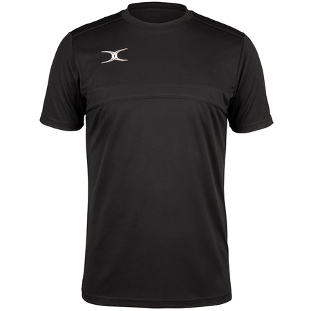 The Gilbert Photon Tee by Gilbert is a black short-sleeve athletic t-shirt with a small white curved logo on the left chest, crew neckline, moisture control fabric, and subtle seam details across the chest and shoulders.