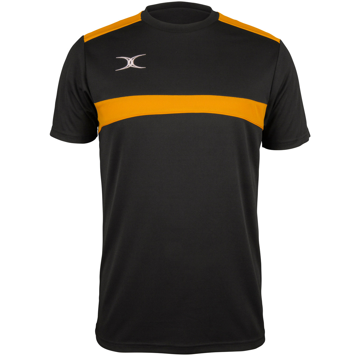 The Gilbert Photon Tee by Gilbert is a black/gold short-sleeve gym shirt featuring a bold gold stripe across the chest and shoulders, plus a small white logo on the left chest. Moisture control technology ensures comfort during intense workouts.
