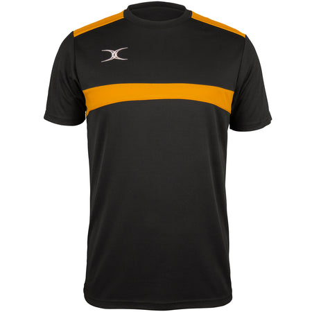 The Gilbert Photon Tee by Gilbert is a black/gold short-sleeve gym shirt featuring a bold gold stripe across the chest and shoulders, plus a small white logo on the left chest. Moisture control technology ensures comfort during intense workouts.