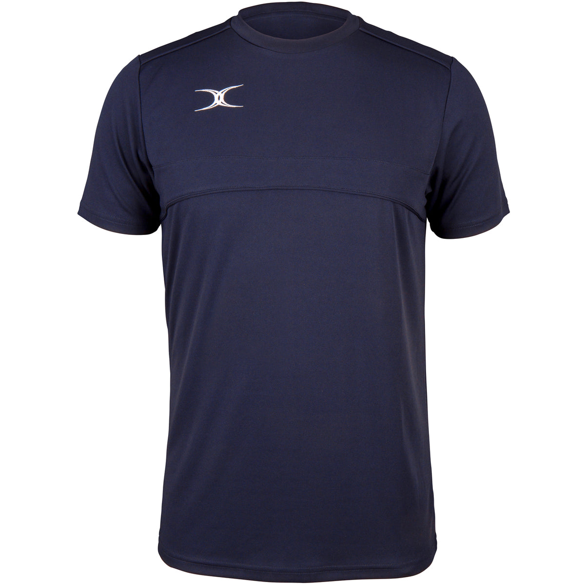 The Gilbert Photon Tee by Gilbert is a dark navy short-sleeve training shirt with a crew neck and a small white logo on the left chest. It offers a seamless design, no visible graphics, and reliable moisture control for versatile performance.