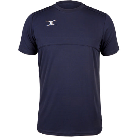 The Gilbert Photon Tee by Gilbert is a dark navy short-sleeve training shirt with a crew neck and a small white logo on the left chest. It offers a seamless design, no visible graphics, and reliable moisture control for versatile performance.