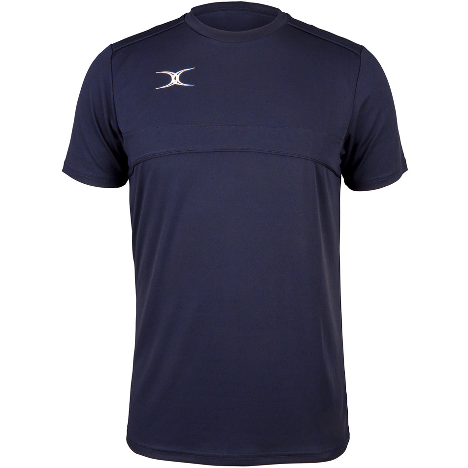 The Gilbert Photon Tee by Gilbert is a dark navy short-sleeve training shirt with a crew neck and a small white logo on the left chest. It offers a seamless design, no visible graphics, and reliable moisture control for versatile performance.