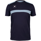 The Gilbert Photon Tee by Gilbert is a dark navy, short-sleeved athletic t-shirt with a sky blue chest stripe and white logo, ideal for moisture control during intense gym training.