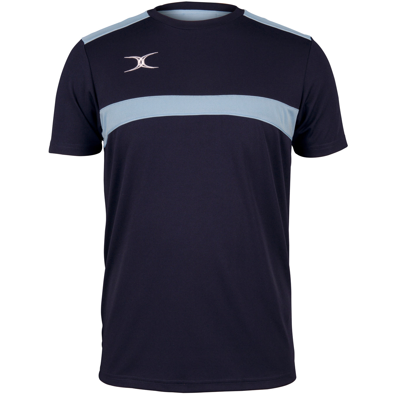 The Gilbert Photon Tee by Gilbert is a dark navy, short-sleeved athletic t-shirt with a sky blue chest stripe and white logo, ideal for moisture control during intense gym training.