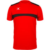 The Gilbert Photon Tee is a red and black athletic shirt with a white logo on the upper left chest, ideal for moisture control during gym training.