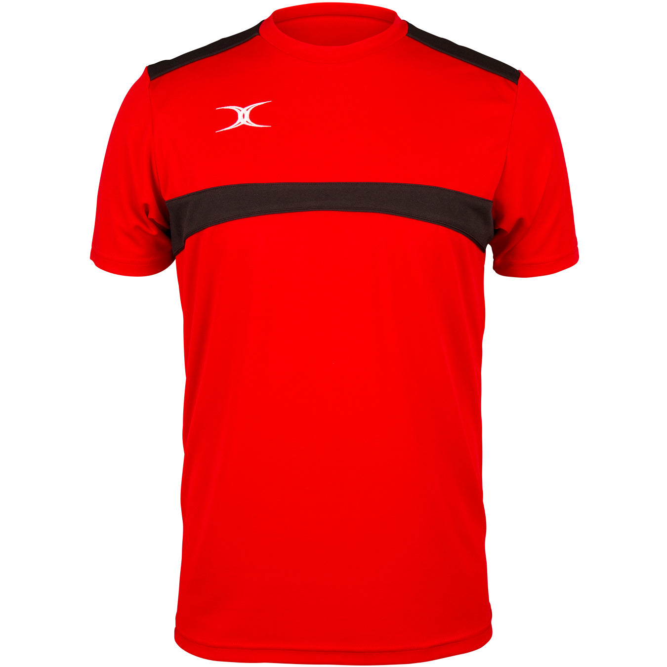 The Gilbert Photon Tee is a red and black athletic shirt with a white logo on the upper left chest, ideal for moisture control during gym training.
