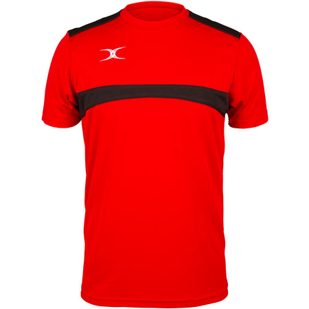 The Gilbert Photon Tee is a red and black athletic shirt with a white logo on the upper left chest, ideal for moisture control during gym training.