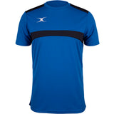 The Gilbert Photon Tee by Gilbert in Royal/Navy features a black horizontal stripe across the chest and shoulders, plus a small white logo on the upper left—making it a versatile short-sleeve training shirt for any workout.