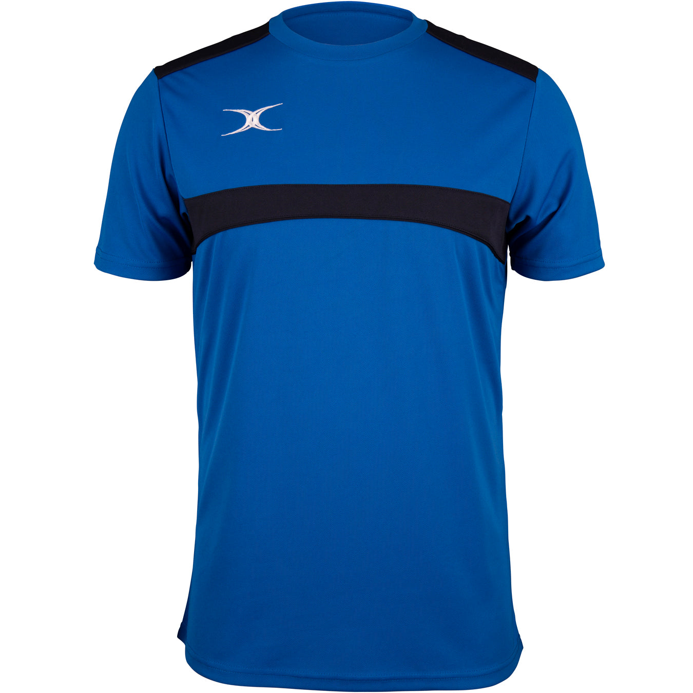 The Gilbert Photon Tee by Gilbert in Royal/Navy features a black horizontal stripe across the chest and shoulders, plus a small white logo on the upper left—making it a versatile short-sleeve training shirt for any workout.