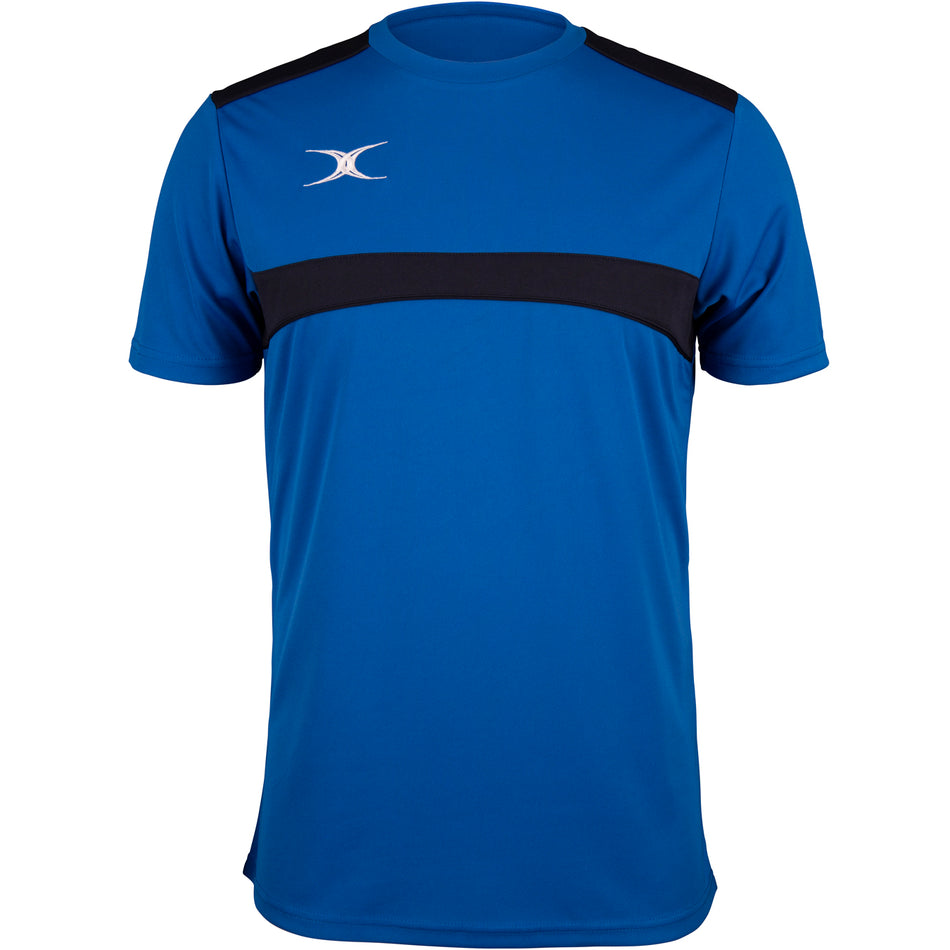 The Gilbert Photon Tee by Gilbert in Royal/Navy features a black horizontal stripe across the chest and shoulders, plus a small white logo on the upper left—making it a versatile short-sleeve training shirt for any workout.