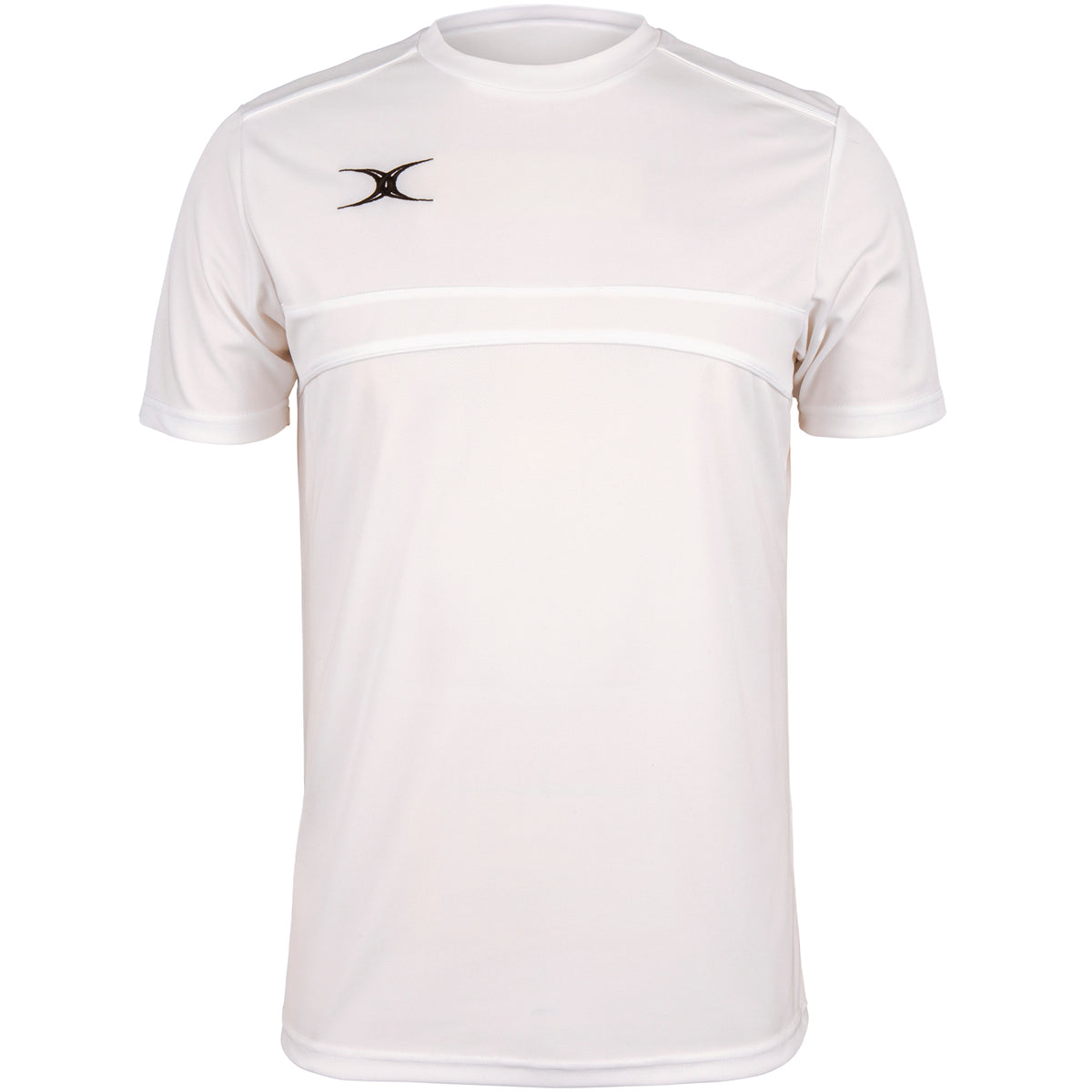 The Gilbert Photon Tee by Gilbert is a white short-sleeve athletic t-shirt with a round neck, chest seam, and small black logo on the left shoulder—a comfortable and stylish choice for versatile training.