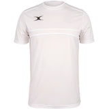 The Gilbert Photon Tee by Gilbert is a white short-sleeve athletic t-shirt with a round neck, chest seam, and small black logo on the left shoulder—a comfortable and stylish choice for versatile training.