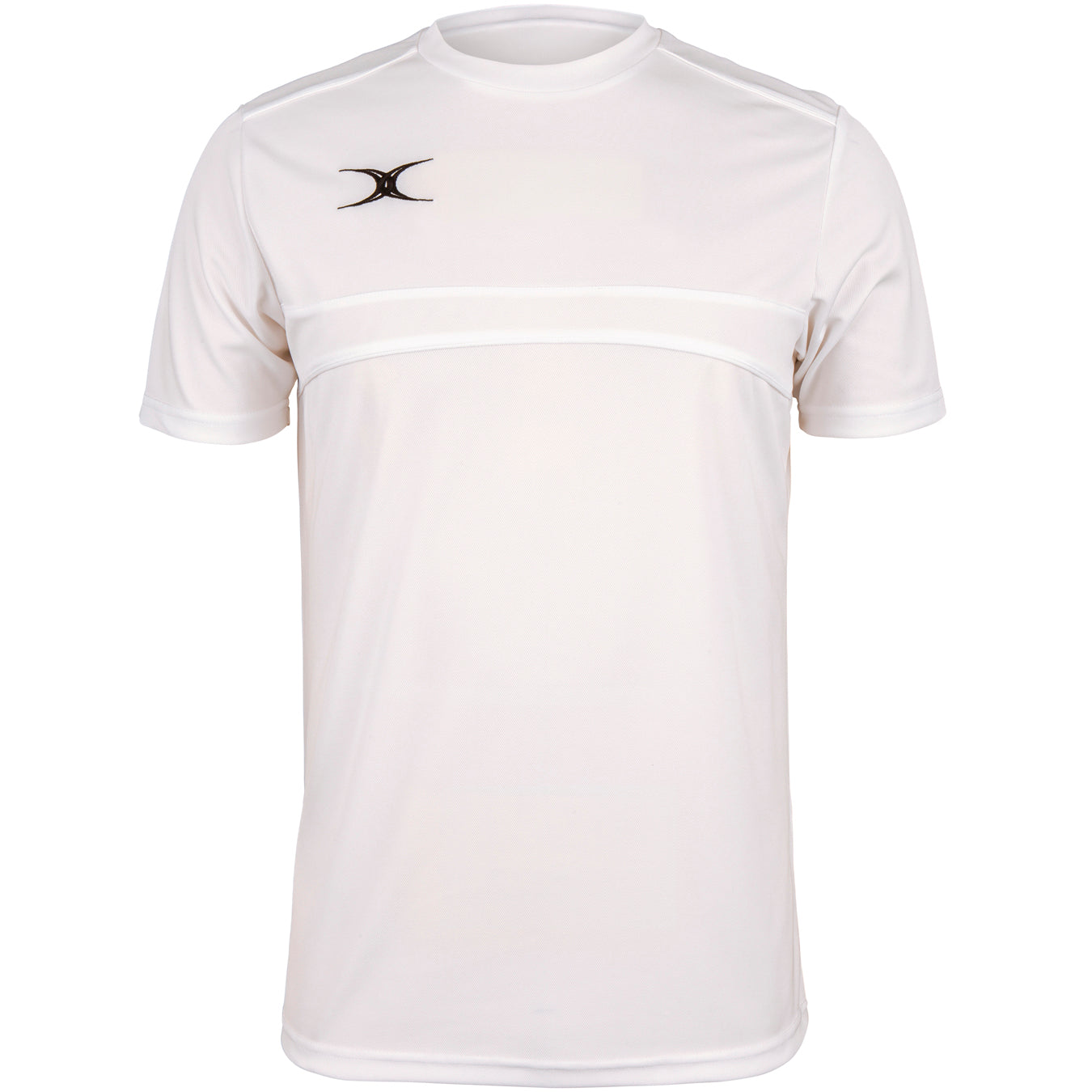 The Gilbert Photon Tee by Gilbert is a white short-sleeve athletic t-shirt with a round neck, chest seam, and small black logo on the left shoulder—a comfortable and stylish choice for versatile training.