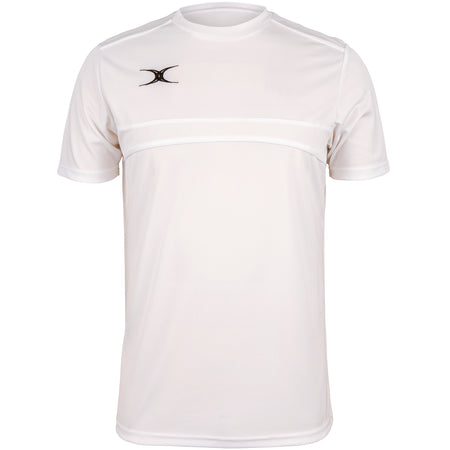 The Gilbert Photon Tee by Gilbert is a white short-sleeve athletic t-shirt with a round neck, chest seam, and small black logo on the left shoulder—a comfortable and stylish choice for versatile training.