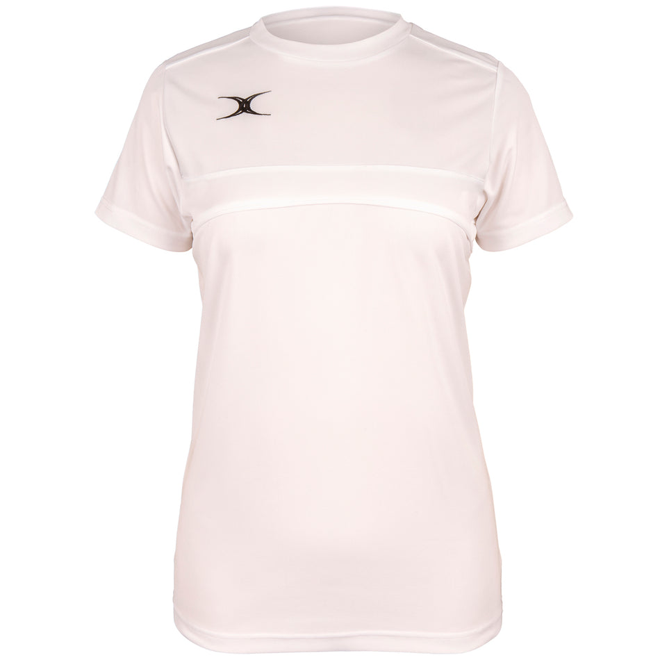 The Gilbert Womens Photon Tee is a lightweight white training top with short sleeves, a round neck, and a small black Gilbert logo on the chest—ideal for women’s rugby clothing collections.