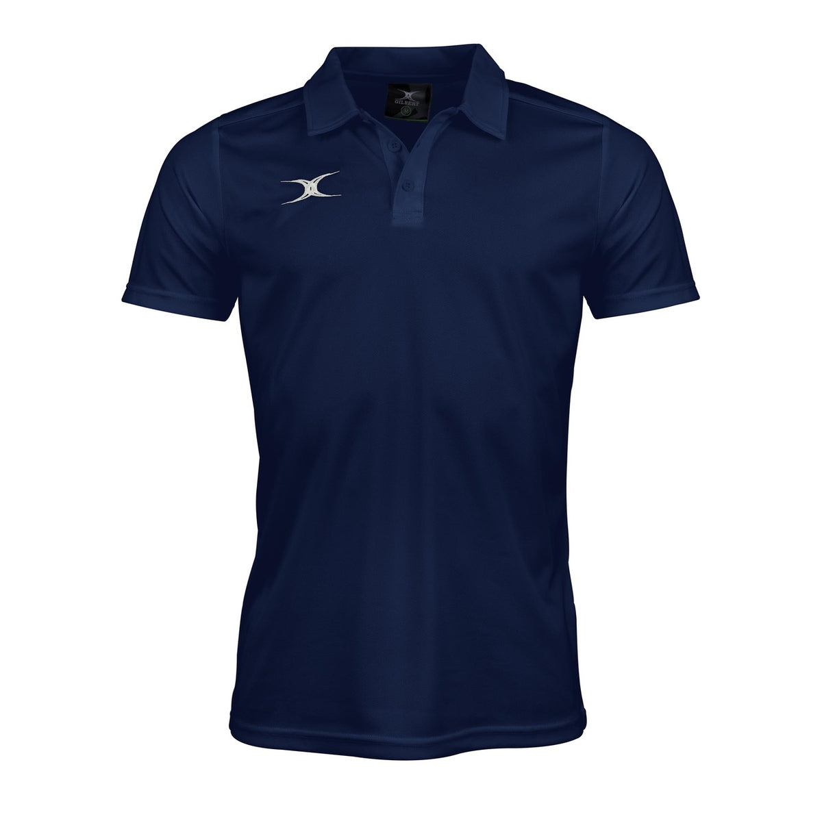 Stay cool in the Gilbert Photon II Polo Shirt—a navy blue short-sleeve polo with a collar, three buttons, and white curved logo—designed by Gilbert with moisture control for comfort during workouts or casual days.