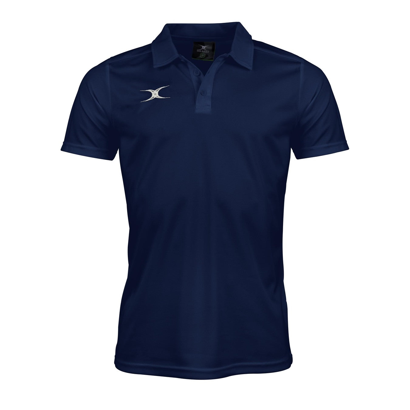 Stay cool in the Gilbert Photon II Polo Shirt—a navy blue short-sleeve polo with a collar, three buttons, and white curved logo—designed by Gilbert with moisture control for comfort during workouts or casual days.