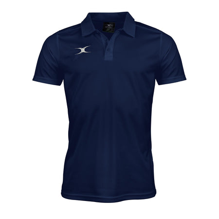 Stay cool in the Gilbert Photon II Polo Shirt—a navy blue short-sleeve polo with a collar, three buttons, and white curved logo—designed by Gilbert with moisture control for comfort during workouts or casual days.