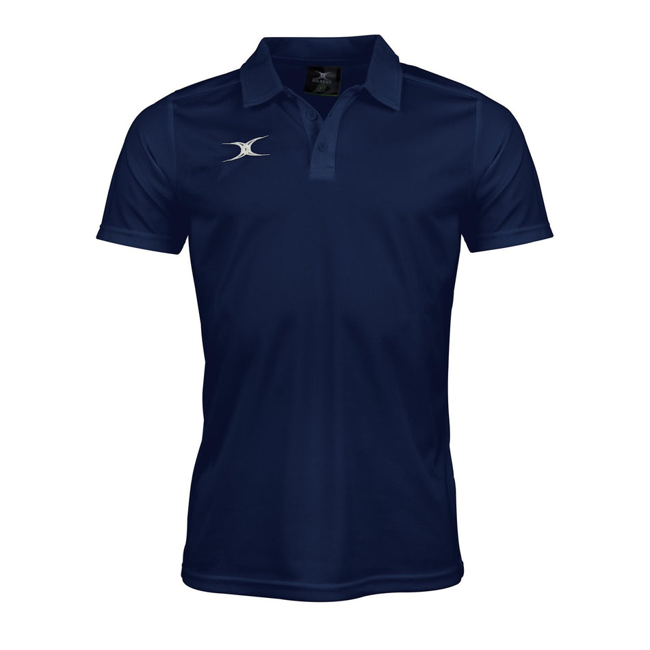 Stay cool in the Gilbert Photon II Polo Shirt—a navy blue short-sleeve polo with a collar, three buttons, and white curved logo—designed by Gilbert with moisture control for comfort during workouts or casual days.