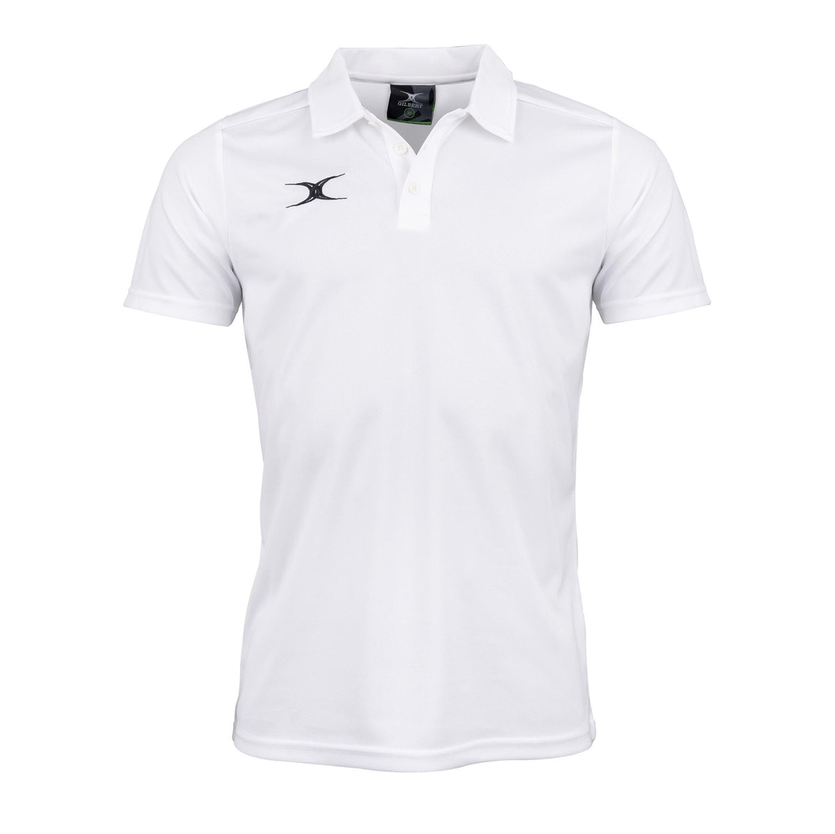 The Gilbert Photon II Polo Shirt by Gilbert is a white short-sleeve polo featuring moisture control, a collar with three buttons, and a small black logo on the left chest. Ideal for workout training or casual wear, it's shown against a white background.