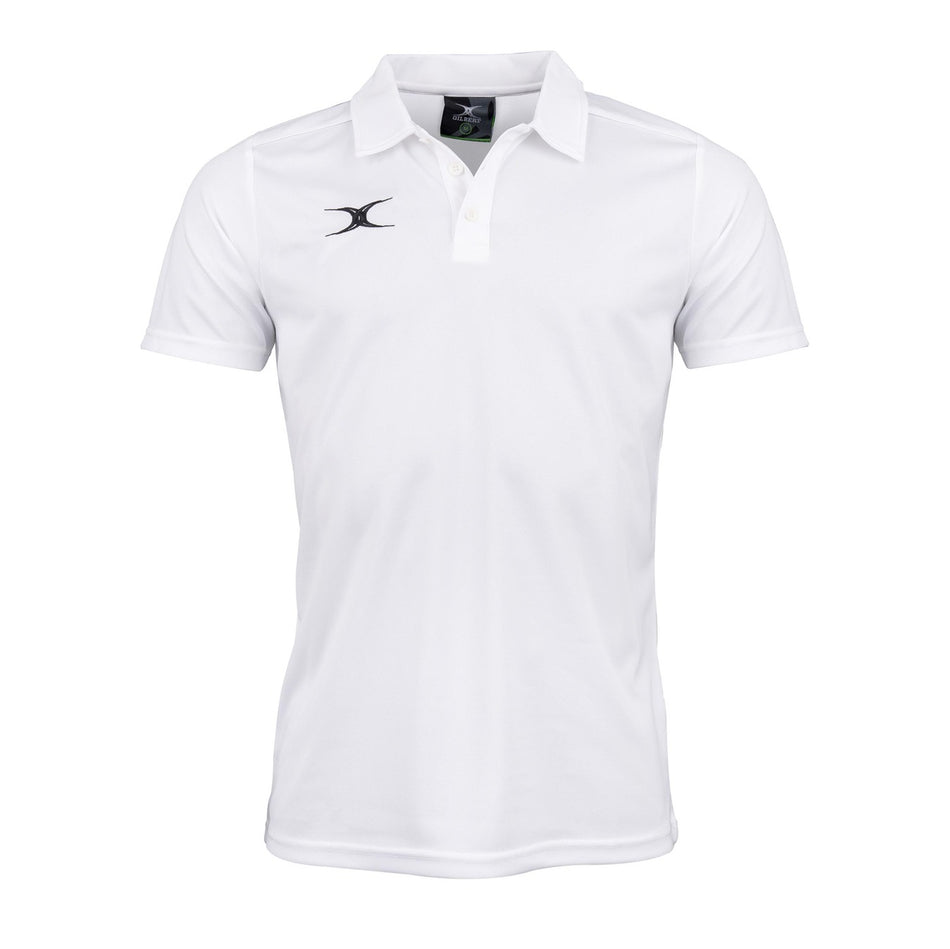 The Gilbert Photon II Polo Shirt by Gilbert is a white short-sleeve polo featuring moisture control, a collar with three buttons, and a small black logo on the left chest. Ideal for workout training or casual wear, it's shown against a white background.