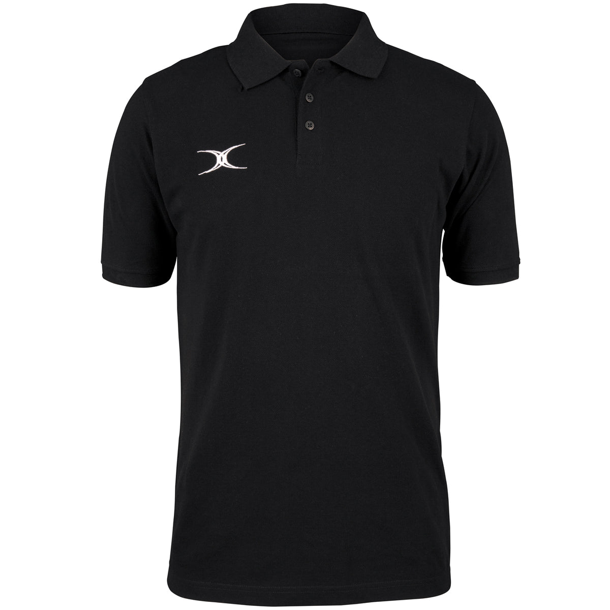 The Gilbert Quest Polo by Gilbert is a black casual fit shirt with short sleeves, a collar, three buttons, and a white embroidered logo on the left chest. Made from organic cotton and GOTS certified for eco-friendly style.