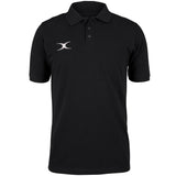 The Gilbert Quest Polo by Gilbert is a black casual fit shirt with short sleeves, a collar, three buttons, and a white embroidered logo on the left chest. Made from organic cotton and GOTS certified for eco-friendly style.