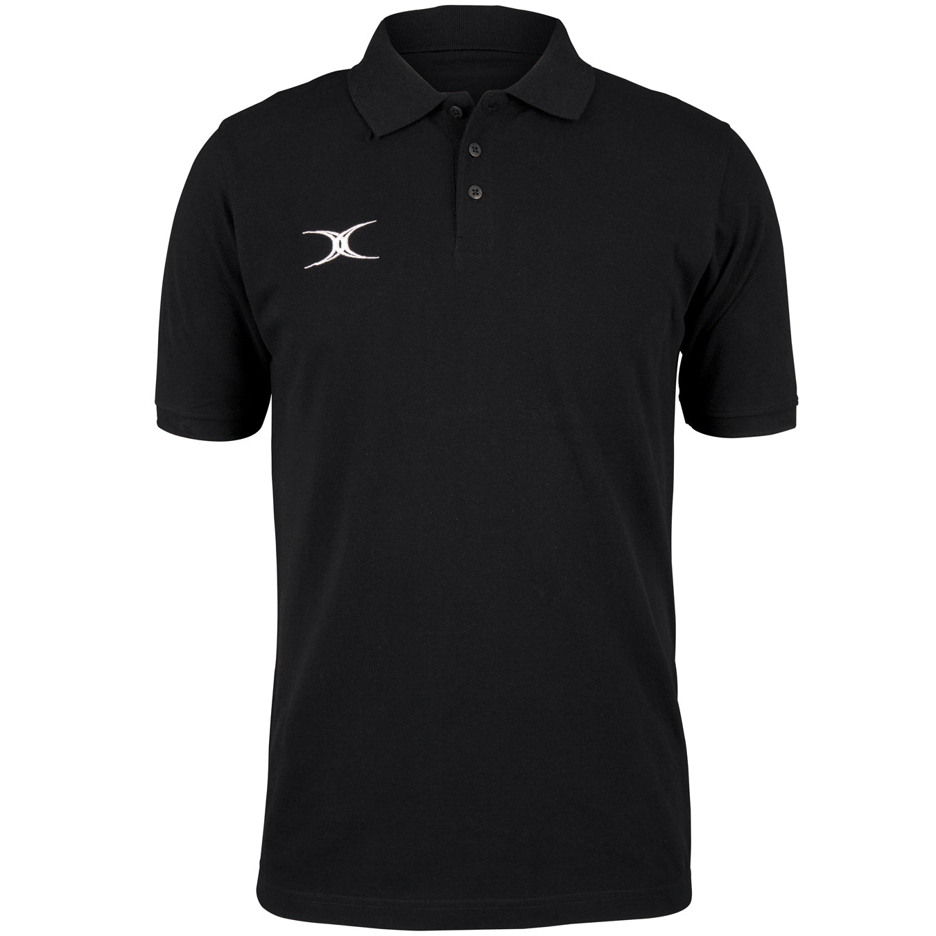 The Gilbert Quest Polo by Gilbert is a black casual fit shirt with short sleeves, a collar, three buttons, and a white embroidered logo on the left chest. Made from organic cotton and GOTS certified for eco-friendly style.
