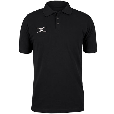 The Gilbert Quest Polo by Gilbert is a black casual fit shirt with short sleeves, a collar, three buttons, and a white embroidered logo on the left chest. Made from organic cotton and GOTS certified for eco-friendly style.