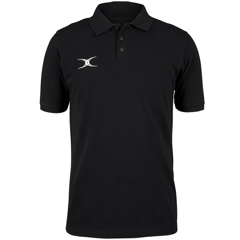 The Gilbert Quest Polo by Gilbert is a black casual fit shirt with short sleeves, a collar, three buttons, and a white embroidered logo on the left chest. Made from organic cotton and GOTS certified for eco-friendly style.