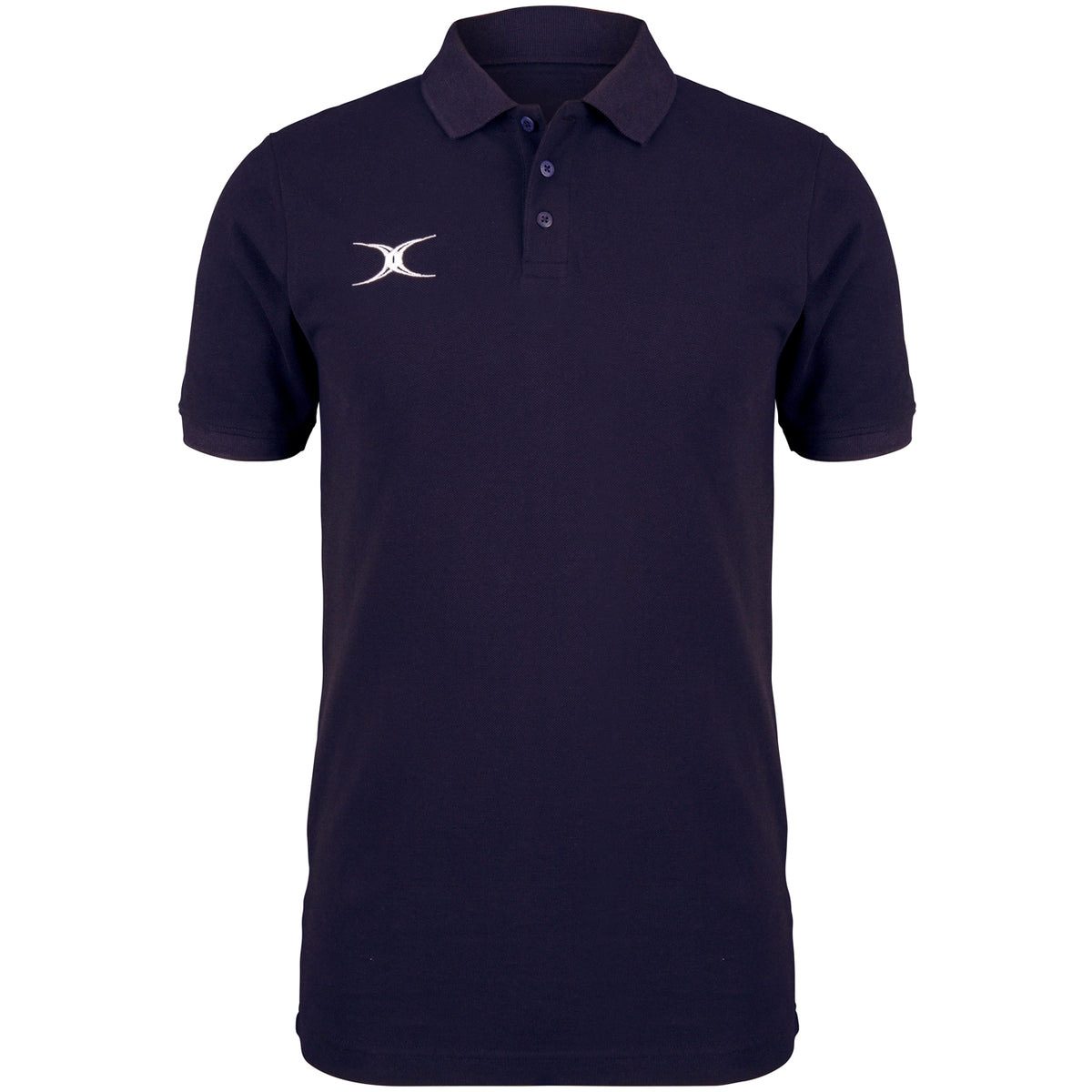 The Gilbert Quest Polo by Gilbert is a plain navy blue organic cotton polo with short sleeves, a three-button placket, and a small white abstract logo on the left chest.