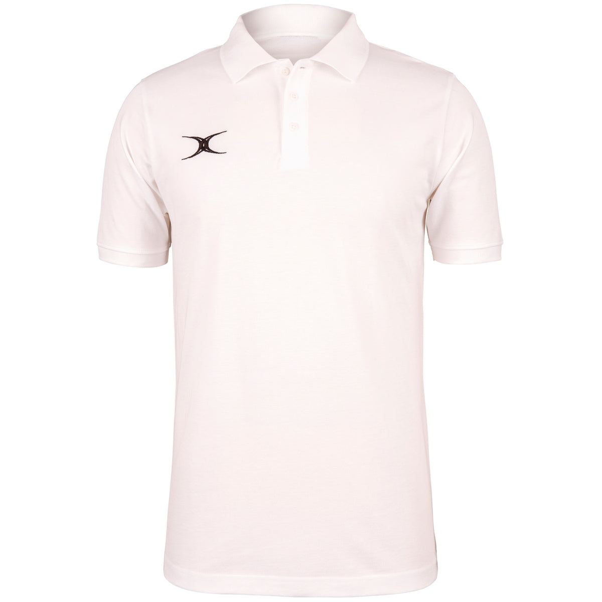 The Gilbert Quest Polo by Gilbert is a casual-fit, plain white short-sleeve organic cotton polo featuring a collar, buttoned placket, and a small black logo on the left chest.