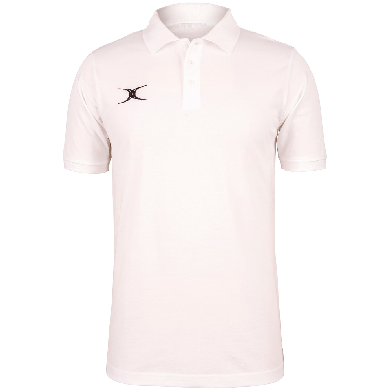 The Gilbert Quest Polo by Gilbert is a casual-fit, plain white short-sleeve organic cotton polo featuring a collar, buttoned placket, and a small black logo on the left chest.
