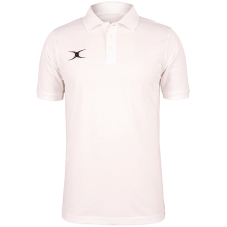 The Gilbert Quest Polo by Gilbert is a casual-fit, plain white short-sleeve organic cotton polo featuring a collar, buttoned placket, and a small black logo on the left chest.