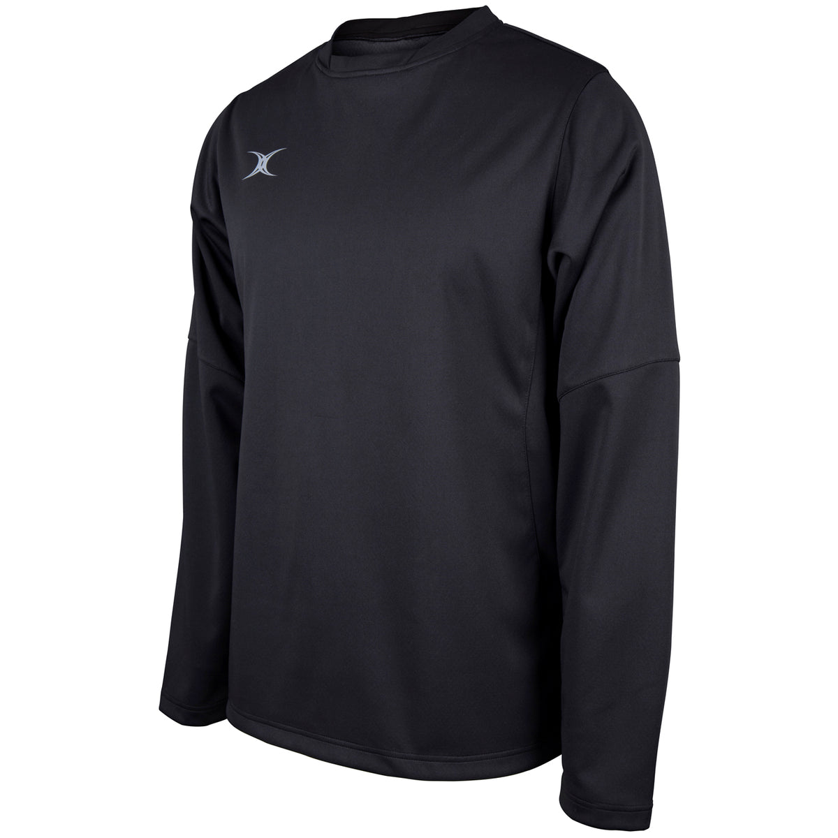 The Gilbert Pro Warm Up Top by Gilbert is a black long-sleeve athletic shirt featuring a crew neck and a small white logo on the left chest, made from breathable stretch fabric and shown on a plain white background.