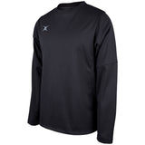 The Gilbert Pro Warm Up Top by Gilbert is a black long-sleeve athletic shirt featuring a crew neck and a small white logo on the left chest, made from breathable stretch fabric and shown on a plain white background.